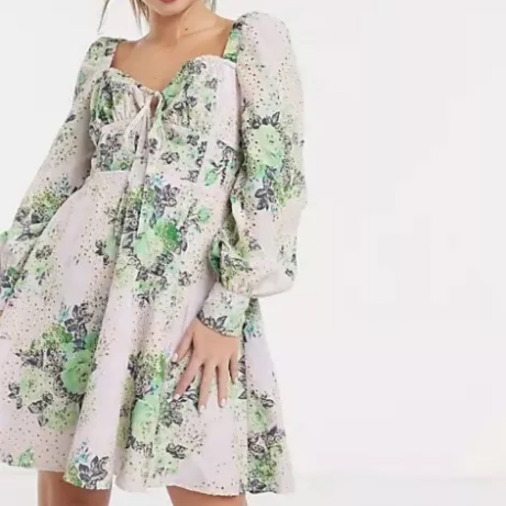 ASOS Broderie Mini Skater Floral Eyelet Dress Purple Green Size 2